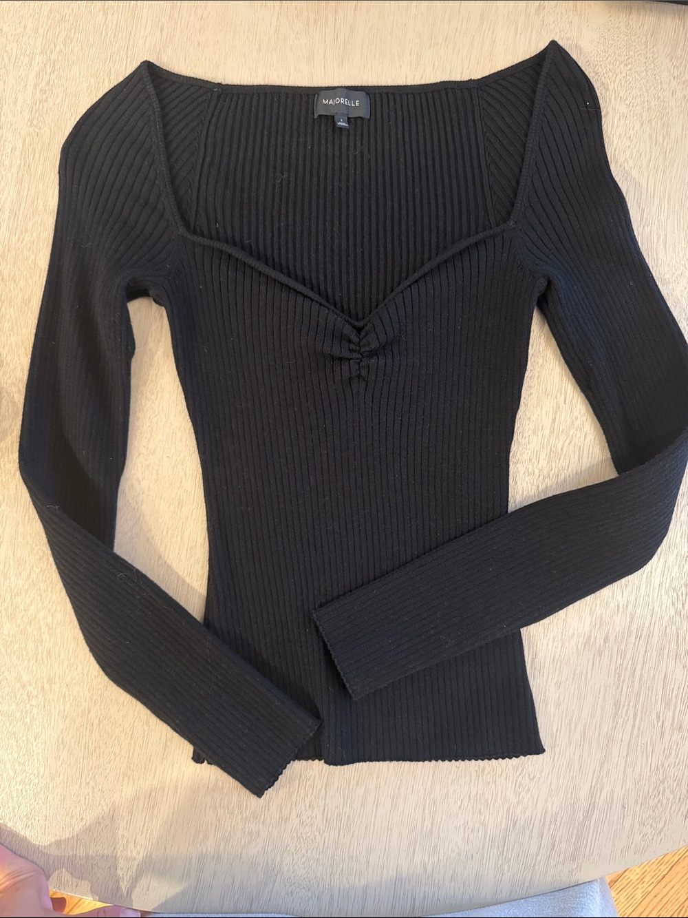 MAJORELLE Black Ribbed Square-Neck Long Sleeve Top